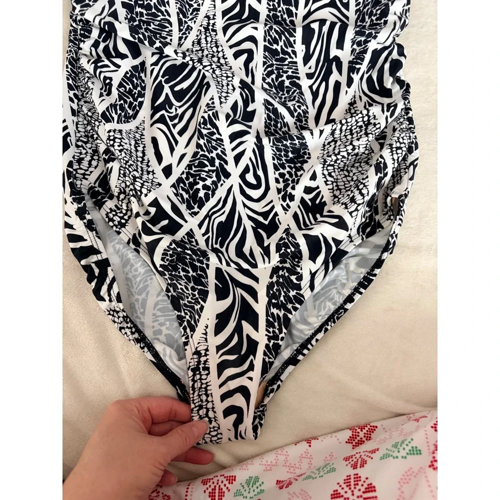 Ceeb Womens Size 14 One‎ Piece Swimsuit Black White Animal Zebra Print Ruched